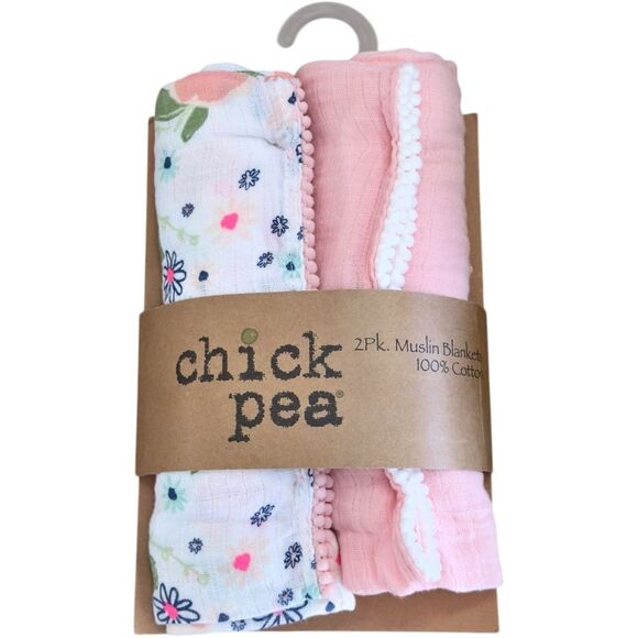 Chick Pea Baby 2 Pack Cotton Pink & Floral Print Muslin Swaddle Blankets. NEW. - Picture 1 of 3